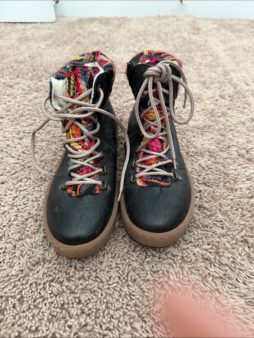 Rieker Black Ankle Boots with Multicolor Knit Collar and Laces